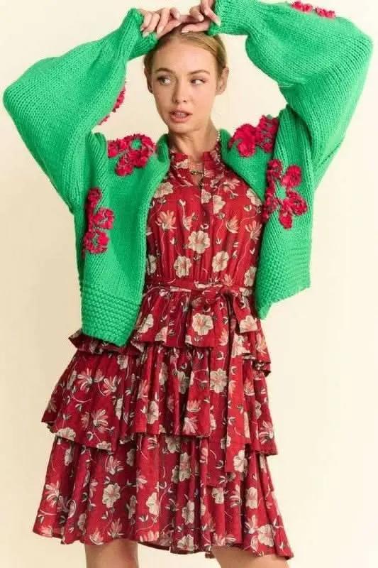 Davi & Dani Floral Applique Open Front Drop Shoulder Cardigan - Love Salve
